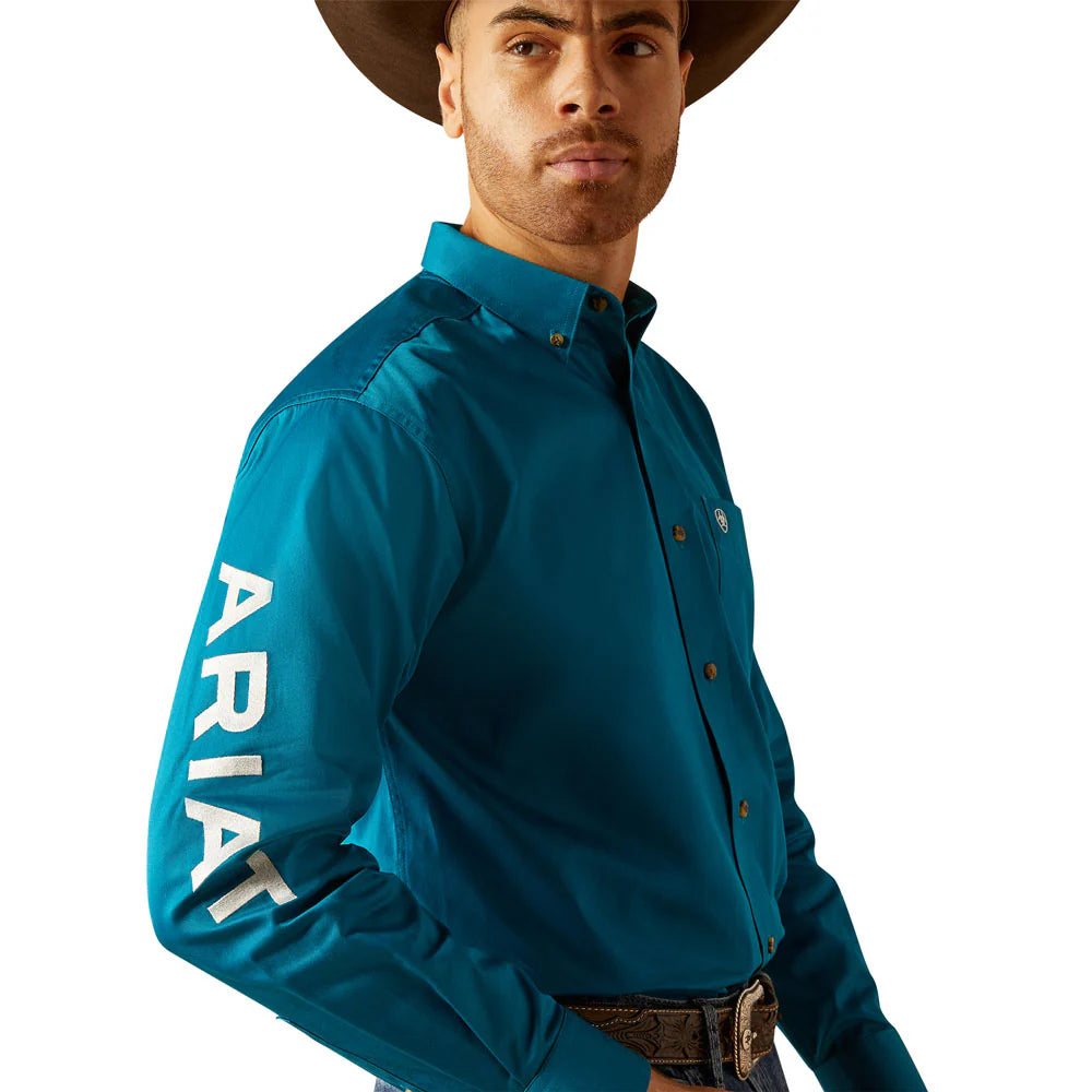 Ariat Mns Team Logo Twill Long Sleeve Shirt Dark Teal/White