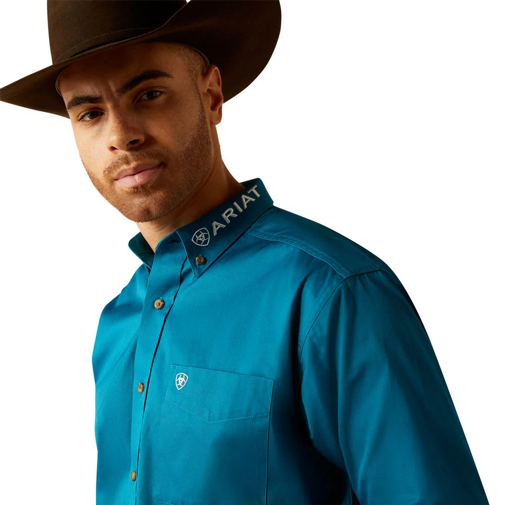 Ariat Mns Team Logo Twill Long Sleeve Shirt Dark Teal/White