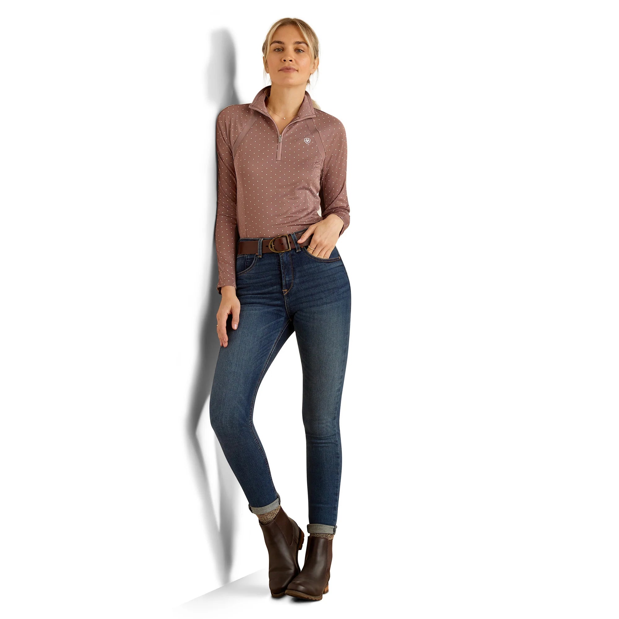 Ariat Wms Sunstopper 3.0 1/4 Zip Twilight Mauve Dot- Black Friday Sales