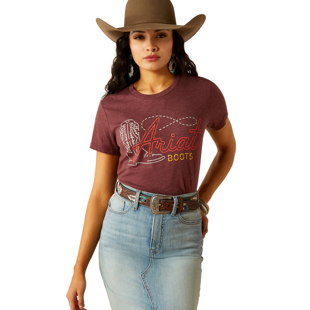 Ariat Wms Modern Neon SS Tee Maroon Heather - Clearance