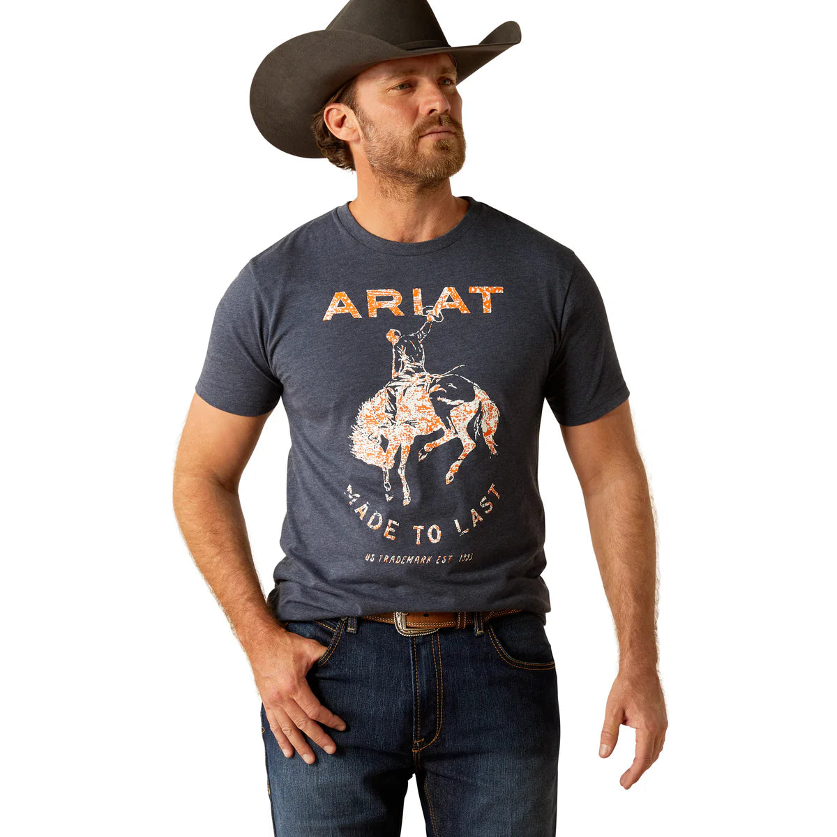Ariat Mns Made To Last Bronco SS Tee Navy Heather - Christmas Sale