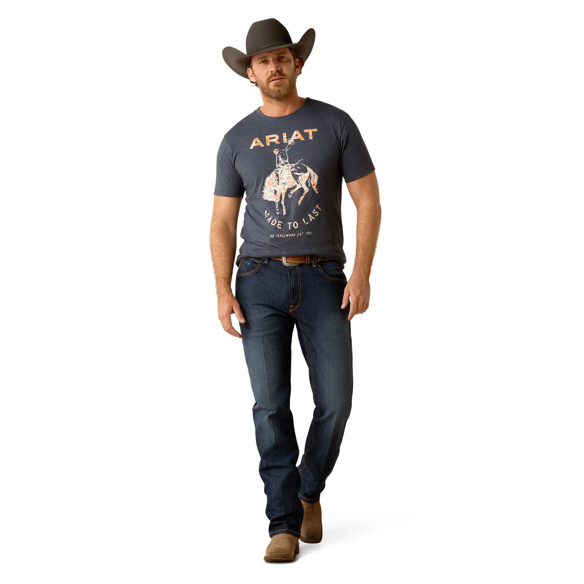 Ariat Mns Made To Last Bronco SS Tee Navy Heather - Christmas Sale
