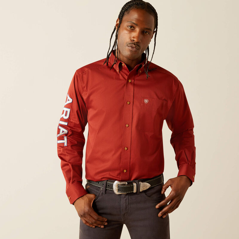 Ariat Mns Team Logo Twill Classic Fit LS Shirt Dark Red/Khaki