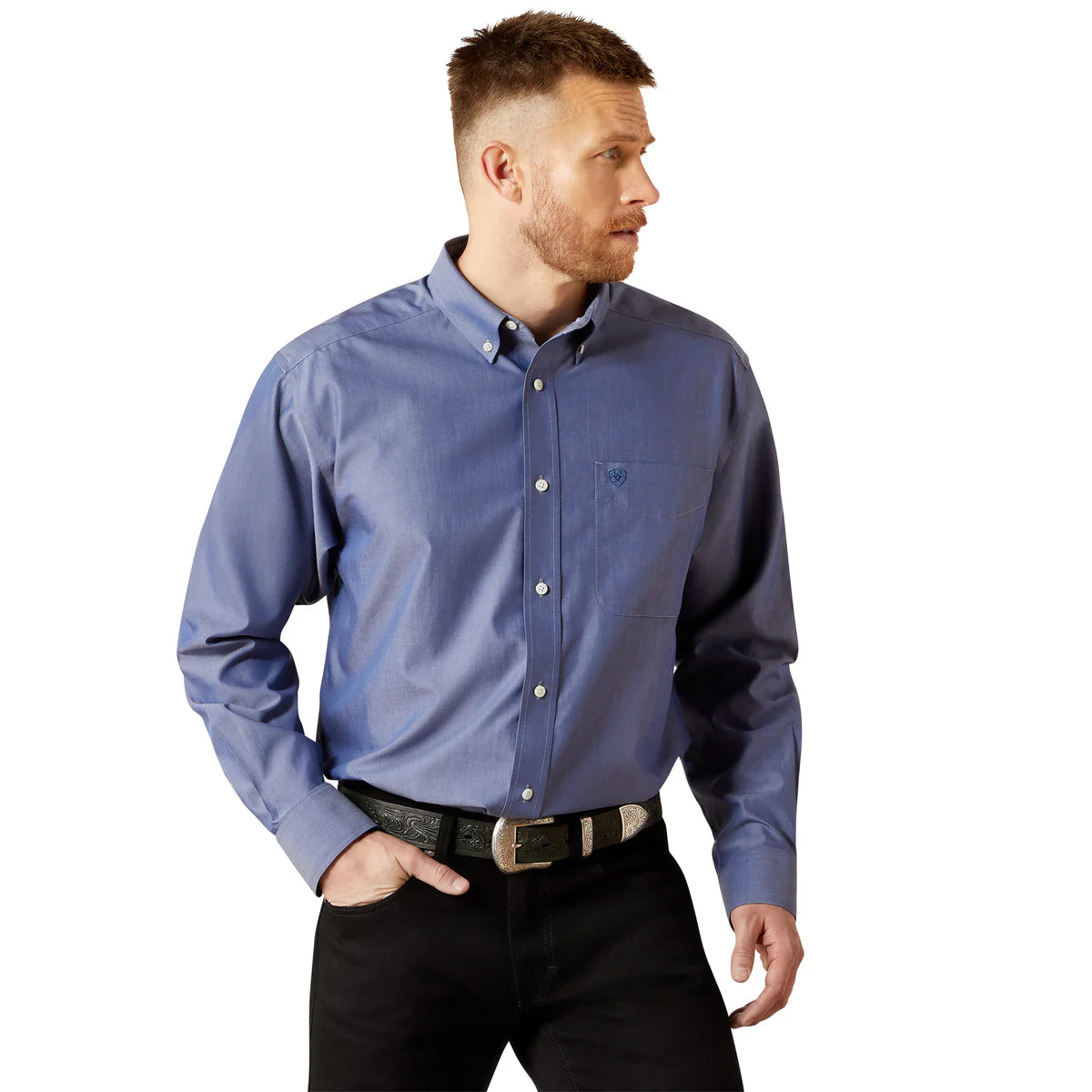Ariat Mns Wrinkle Free Solid Pinpoint Oxford LS Shirt Blue