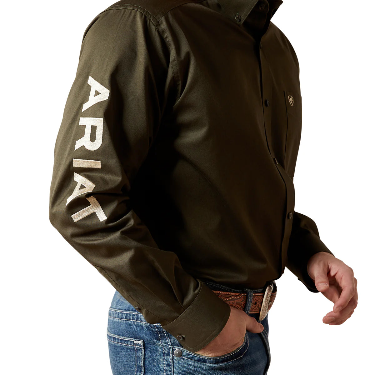 Ariat Mns Team Logo Twill LS Shirt Olive/Khaki