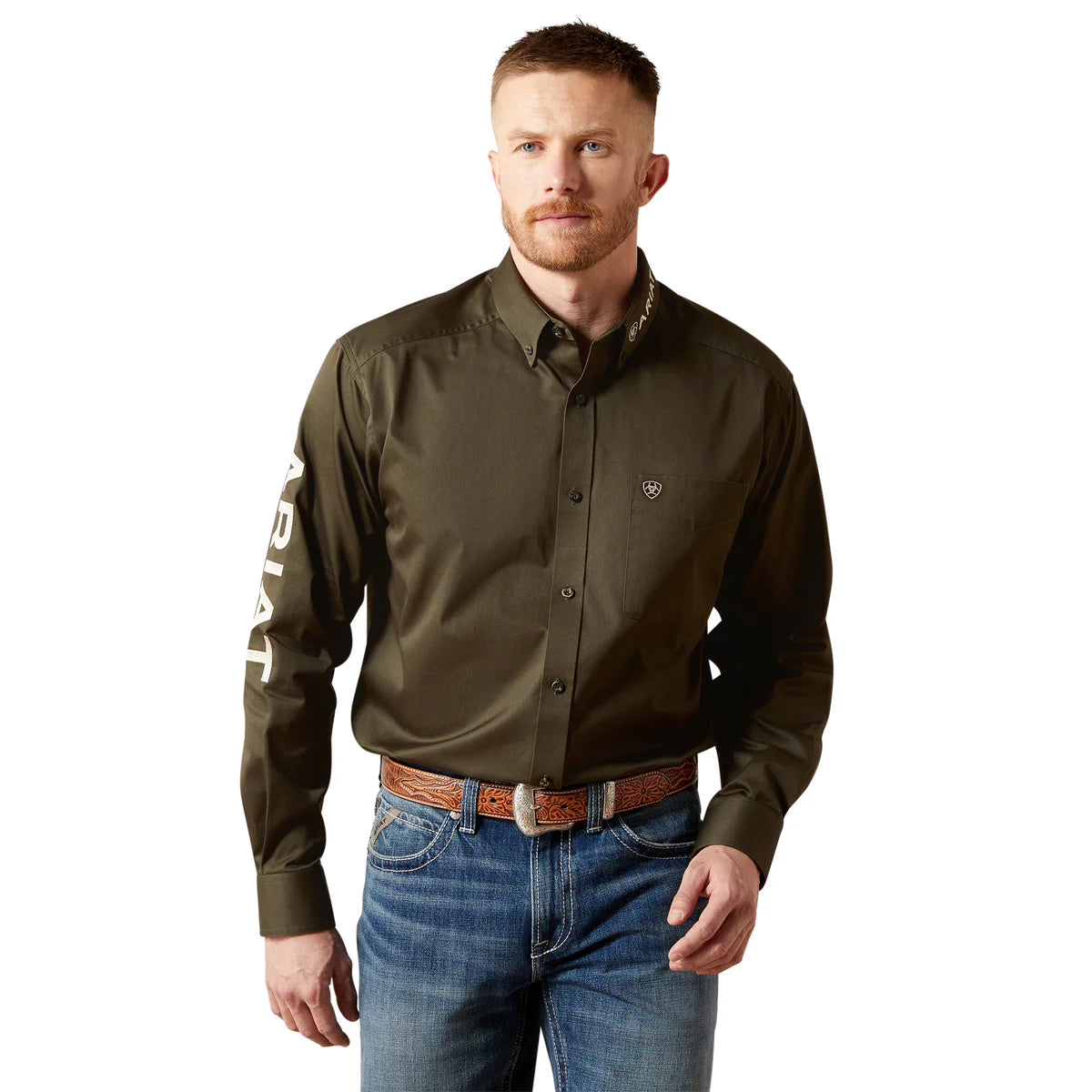 Ariat Mns Team Logo Twill LS Shirt Olive/Khaki