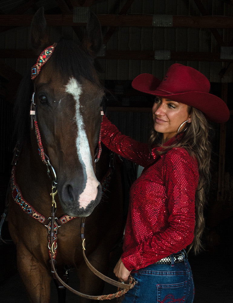 Cowgirl Tuff Red Metallic Snakeskin Bling Pullover Button Up
