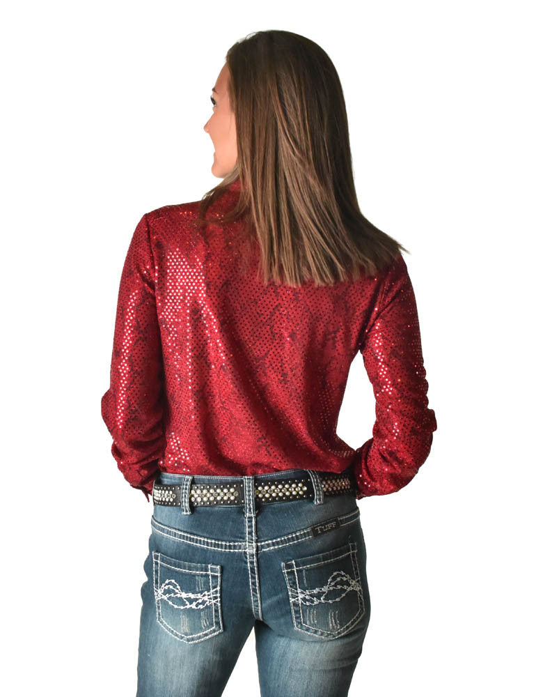 Cowgirl Tuff Red Metallic Snakeskin Bling Pullover Button Up