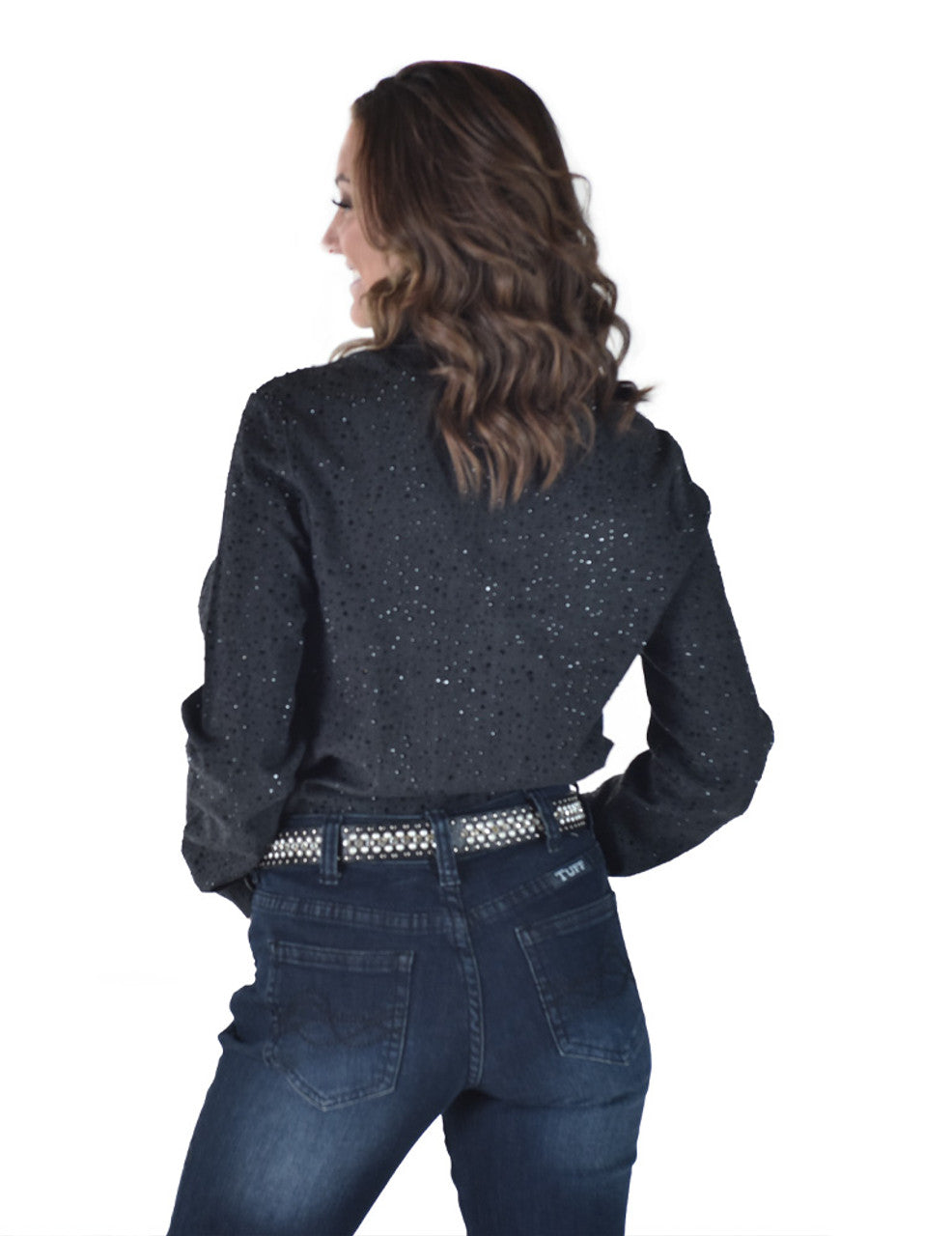 Cowgirl Tuff Pullover Button Up Black UltraBreathe Denim with Crystal