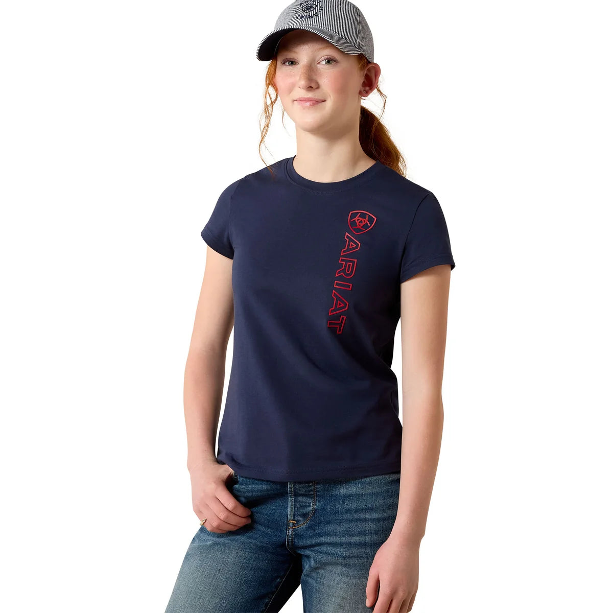 Ariat Yth Vertical Logo SS Tee NavyT/Red
