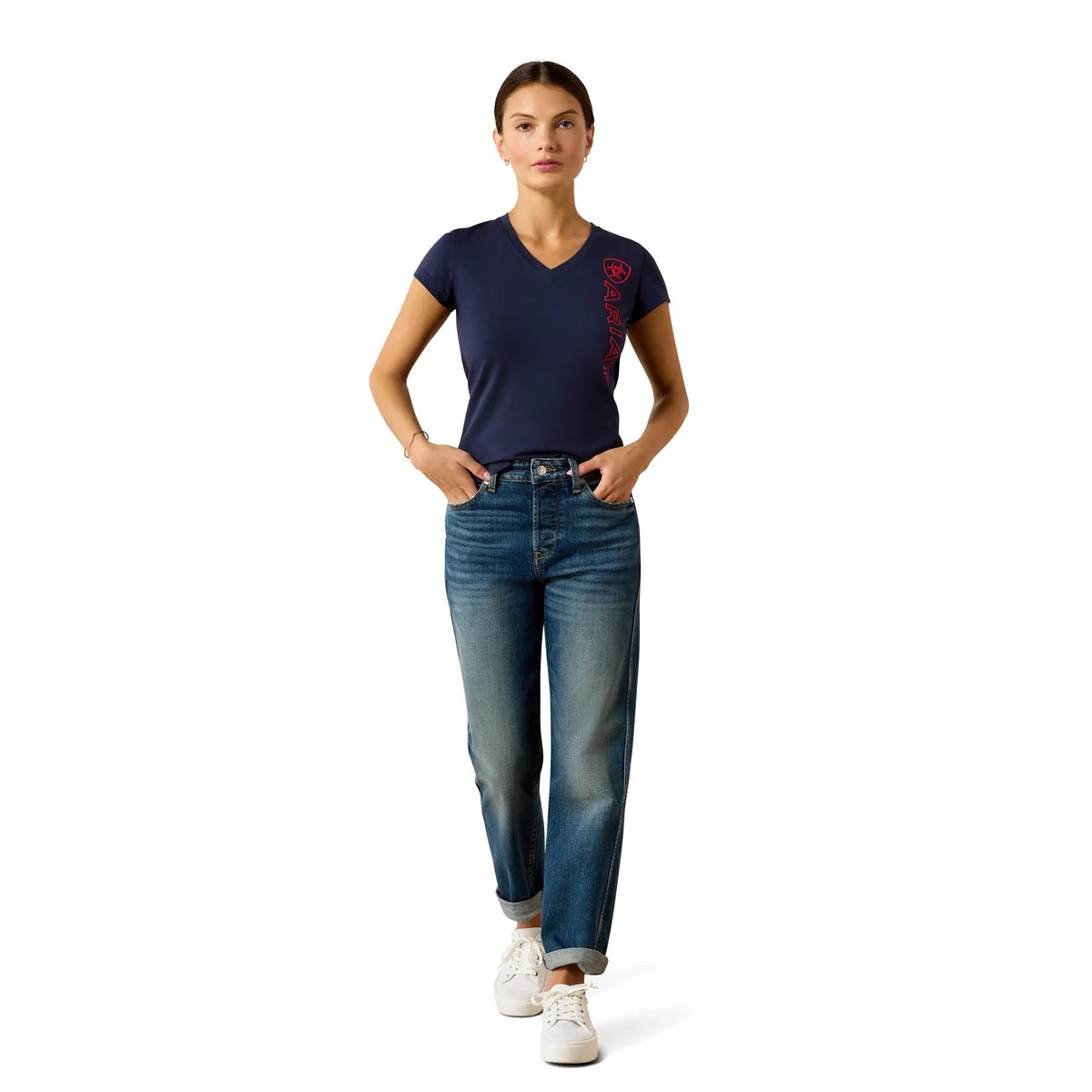 Ariat Wms Vertical Logo SS Tee NavyT/Red