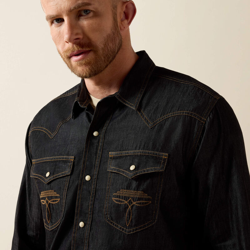 Ariat Mns Retro Halford Fitted Snap LS Shirt Dark Grey Chambray