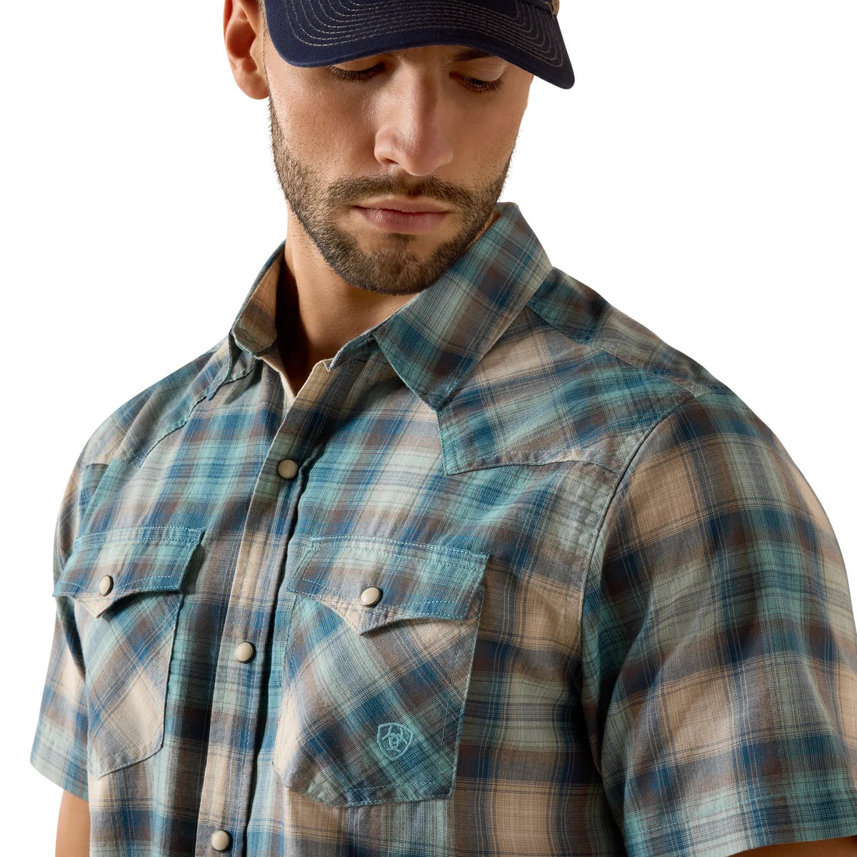 Ariat Mns Retro Halden Fitted Snap SS Shirt Teal Plaid