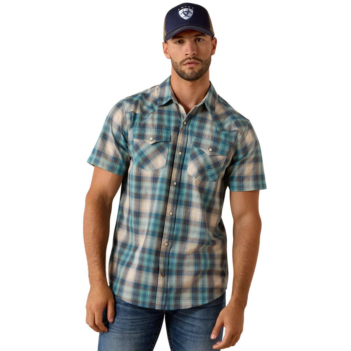 Ariat Mns Retro Halden Fitted Snap SS Shirt Teal Plaid