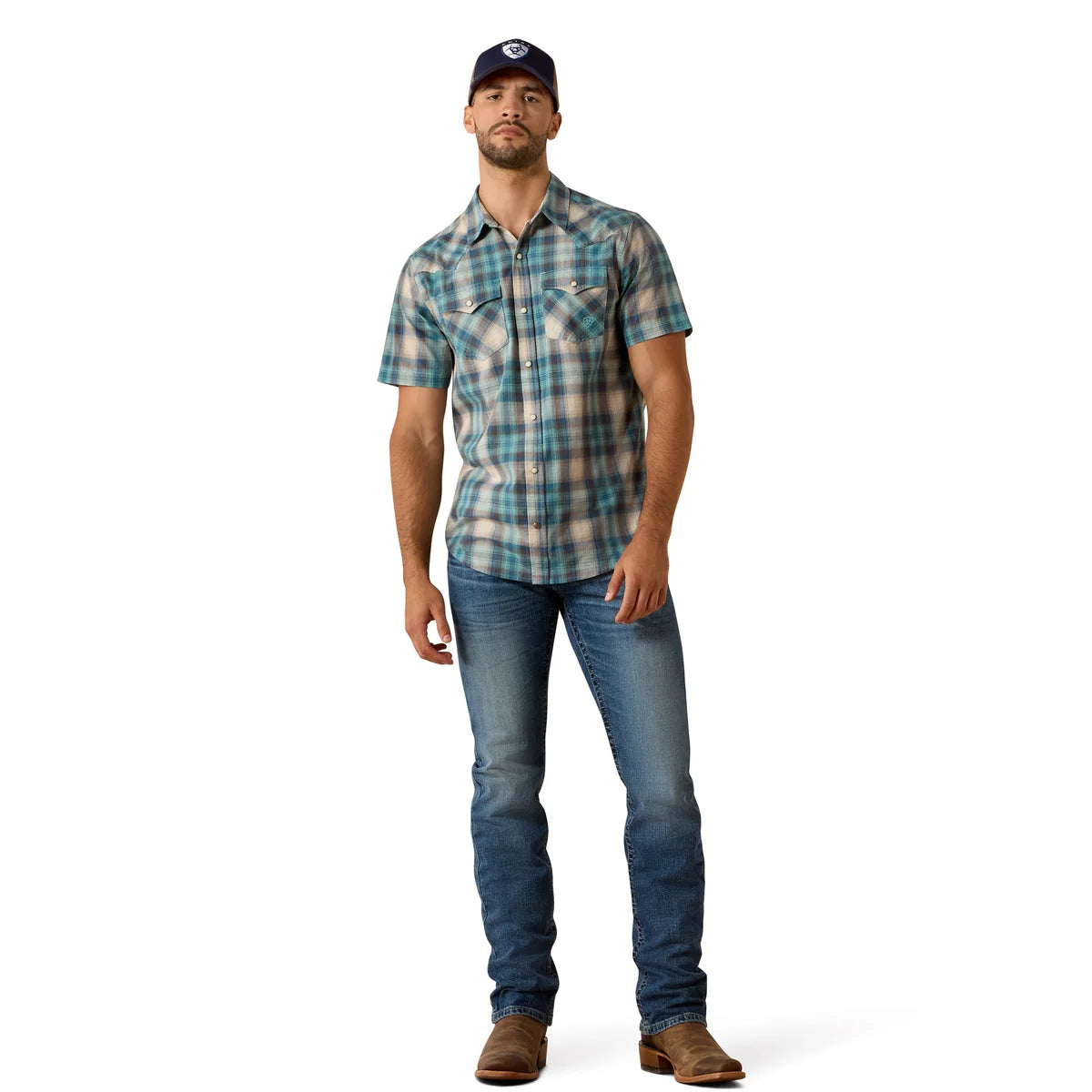 Ariat Mns Retro Halden Fitted Snap SS Shirt Teal Plaid