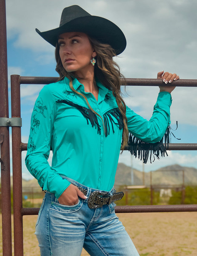 Cowgirl Tuff Breathe Lightweight Stretch Jersey with Printed Horses