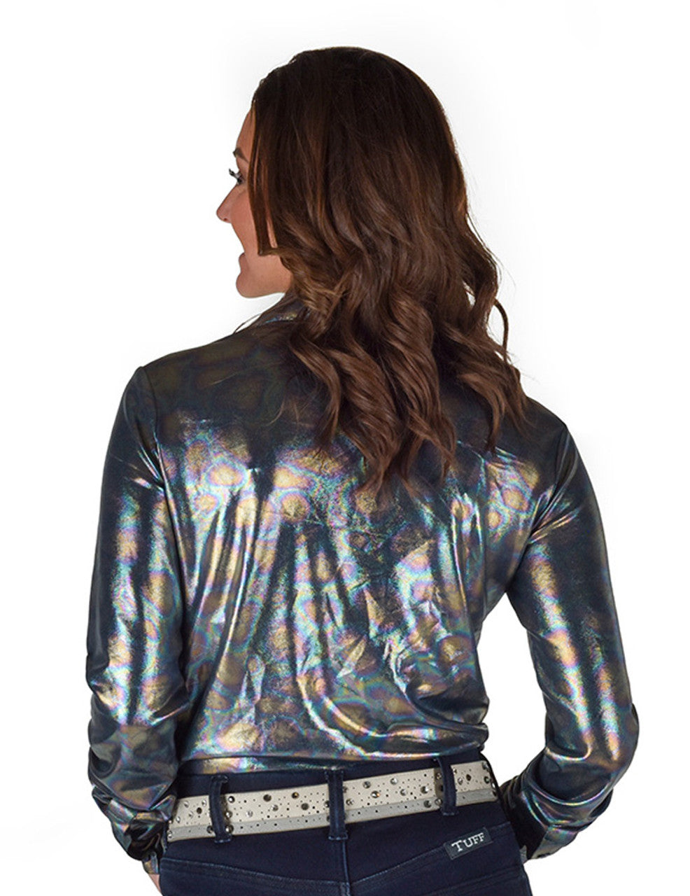 Cowgirl Tuff Pullover Button Up Multicolor Oil Print Lightweight Stretch Jersey