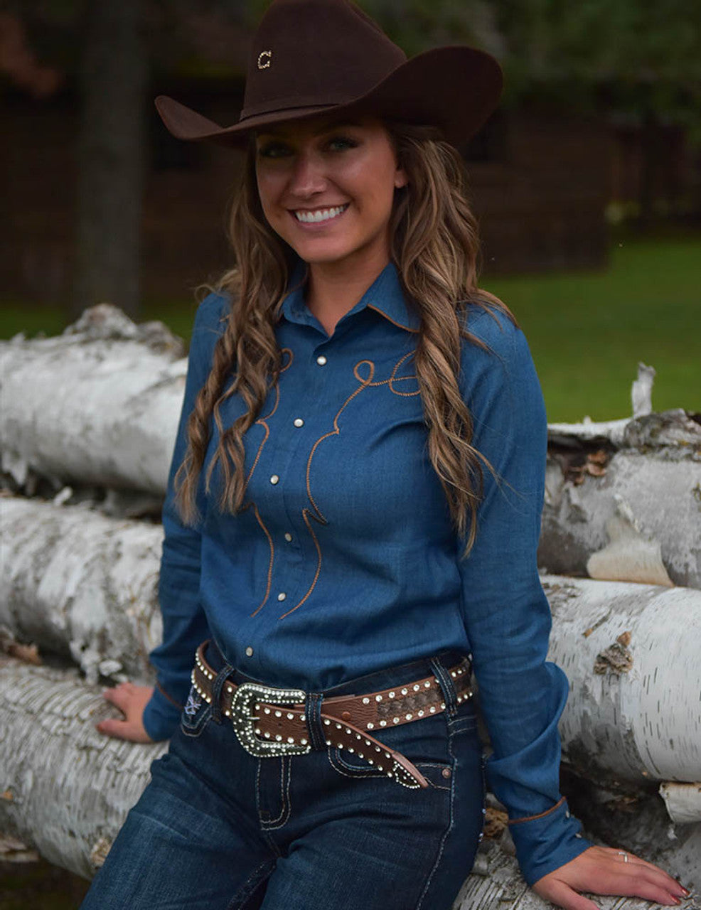 Cowgirl Tuff Pullover Button Up Denim with Brown Suede Stretch Jersey