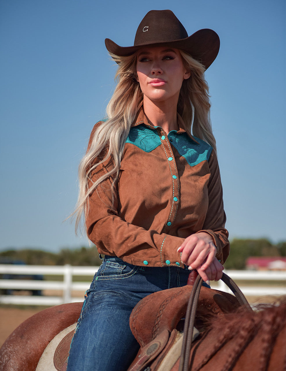 Cowgirl Tuff Pullover Button Up Brown with Turquoise Accents