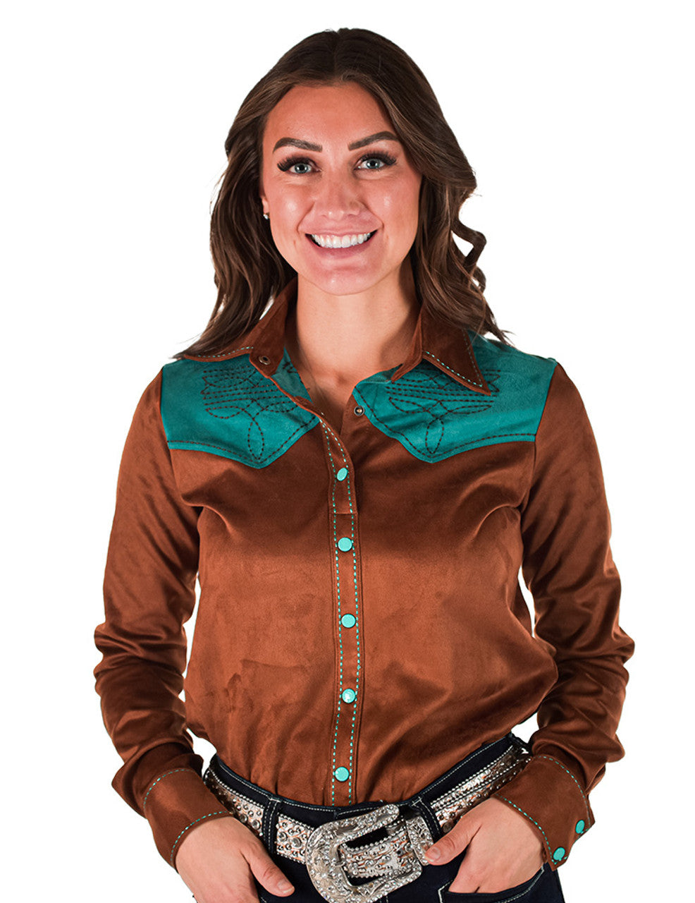 Cowgirl Tuff Pullover Button Up Brown with Turquoise Accents