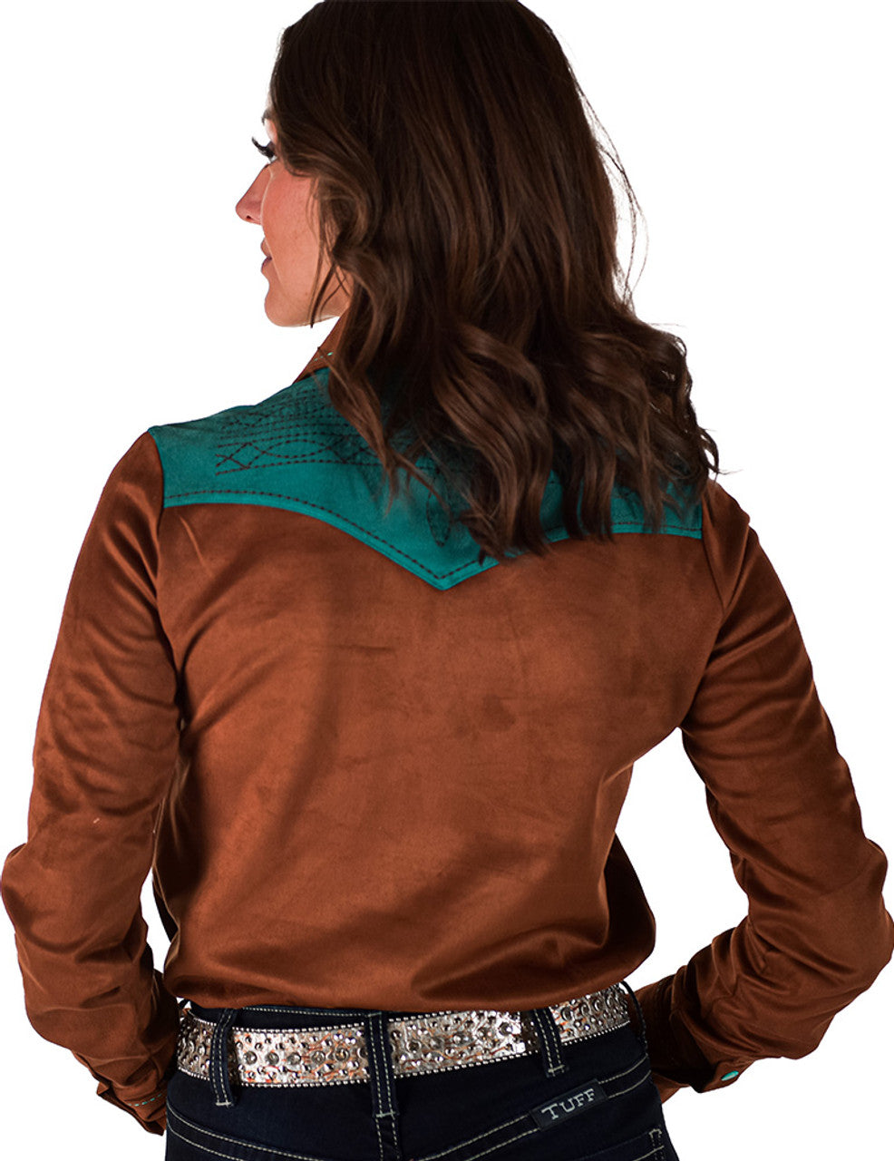 Cowgirl Tuff Pullover Button Up Brown with Turquoise Accents