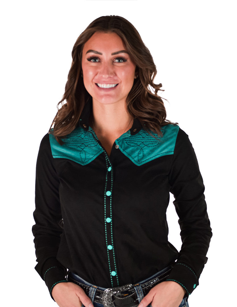 Cowgirl Tuff Pullover Button Up Black with Turquoise Accents