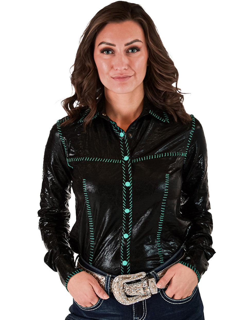 Cowgirl Tuff Pullover Button Up Black Faux Leather with Turquoise Embroidery