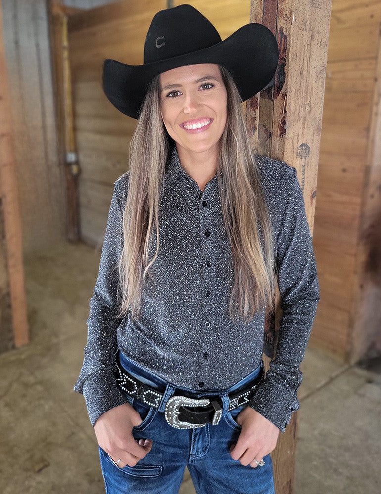 Cowgirl Tuff Silver with Silver Crystals Pullover Button Up