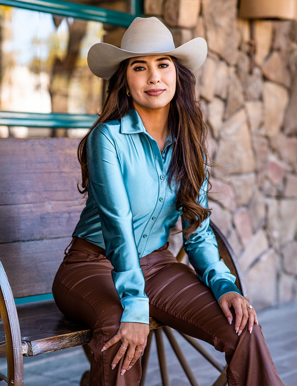 Cowgirl Tuff Pullover Button Up Morning Mist Light Turquoise Satin