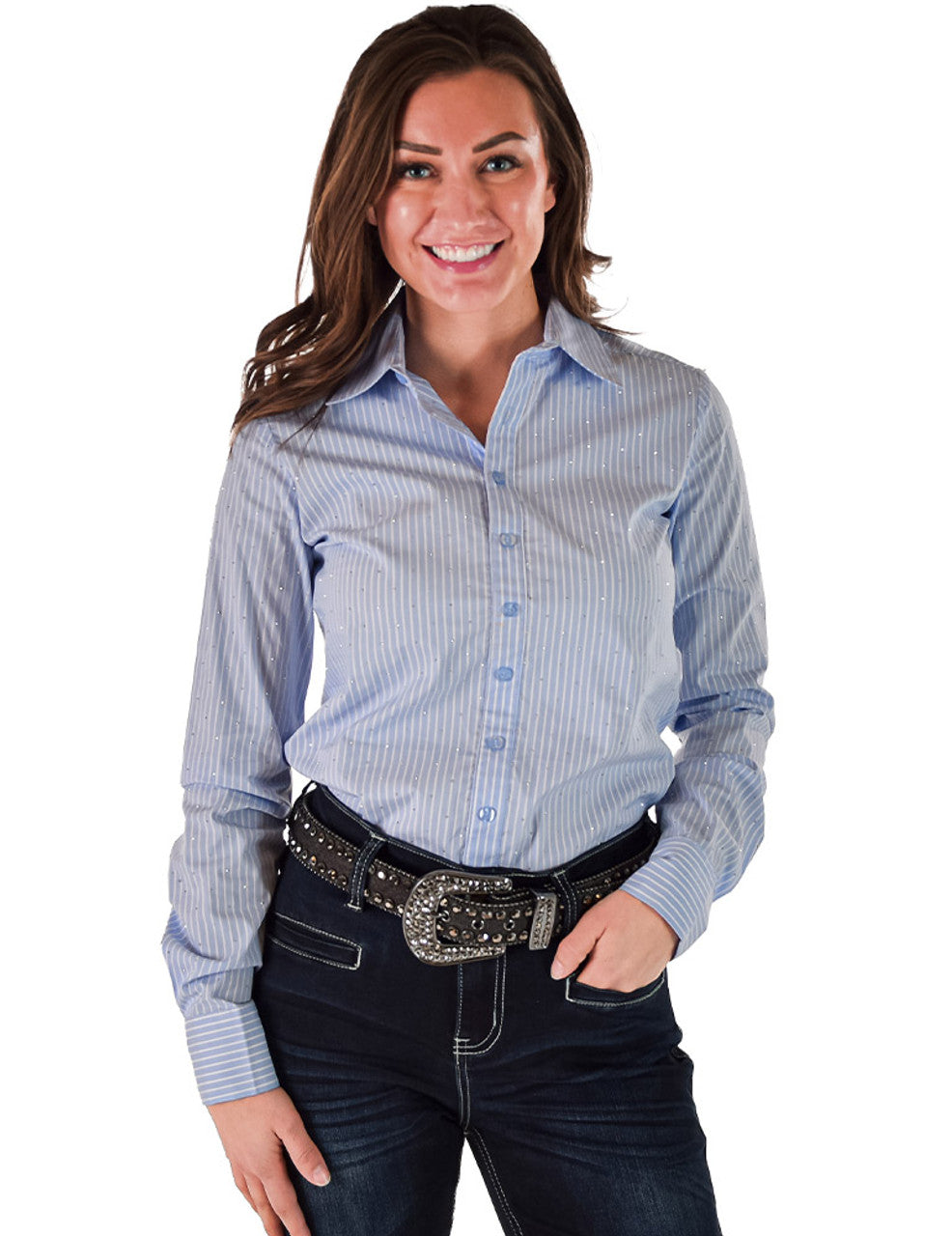 Cowgirl Tuff Pullover Button Up Light Blue Candystripe with Allover Crystal