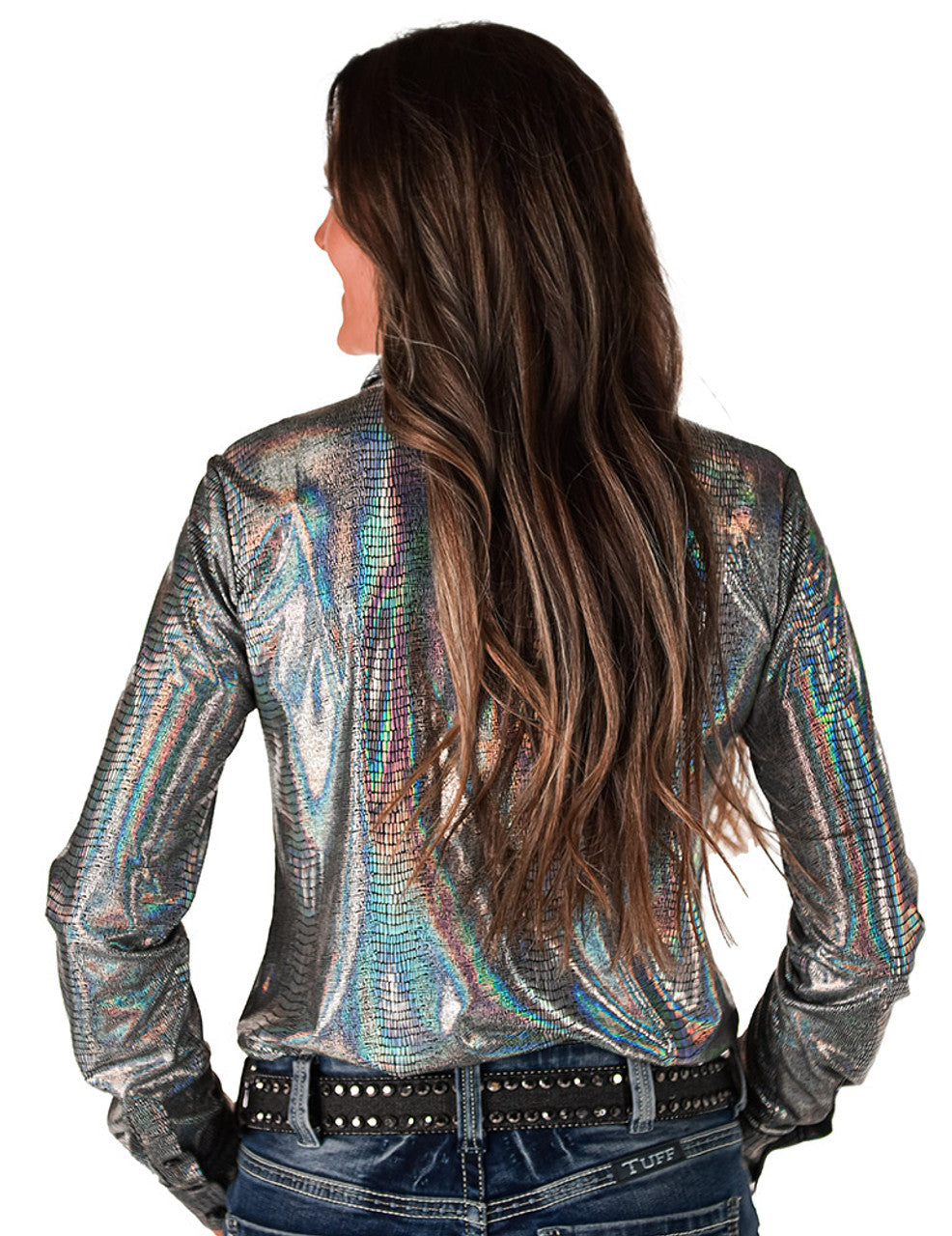 Cowgirl Tuff Pullover Button Up Silver Holographic Foil