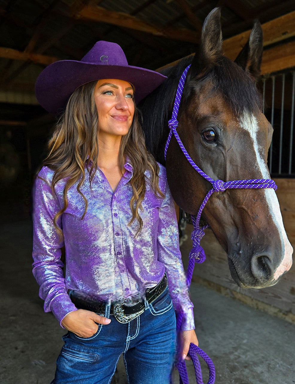 Cowgirl Tuff Lavendar and Silver Pullover Button Up