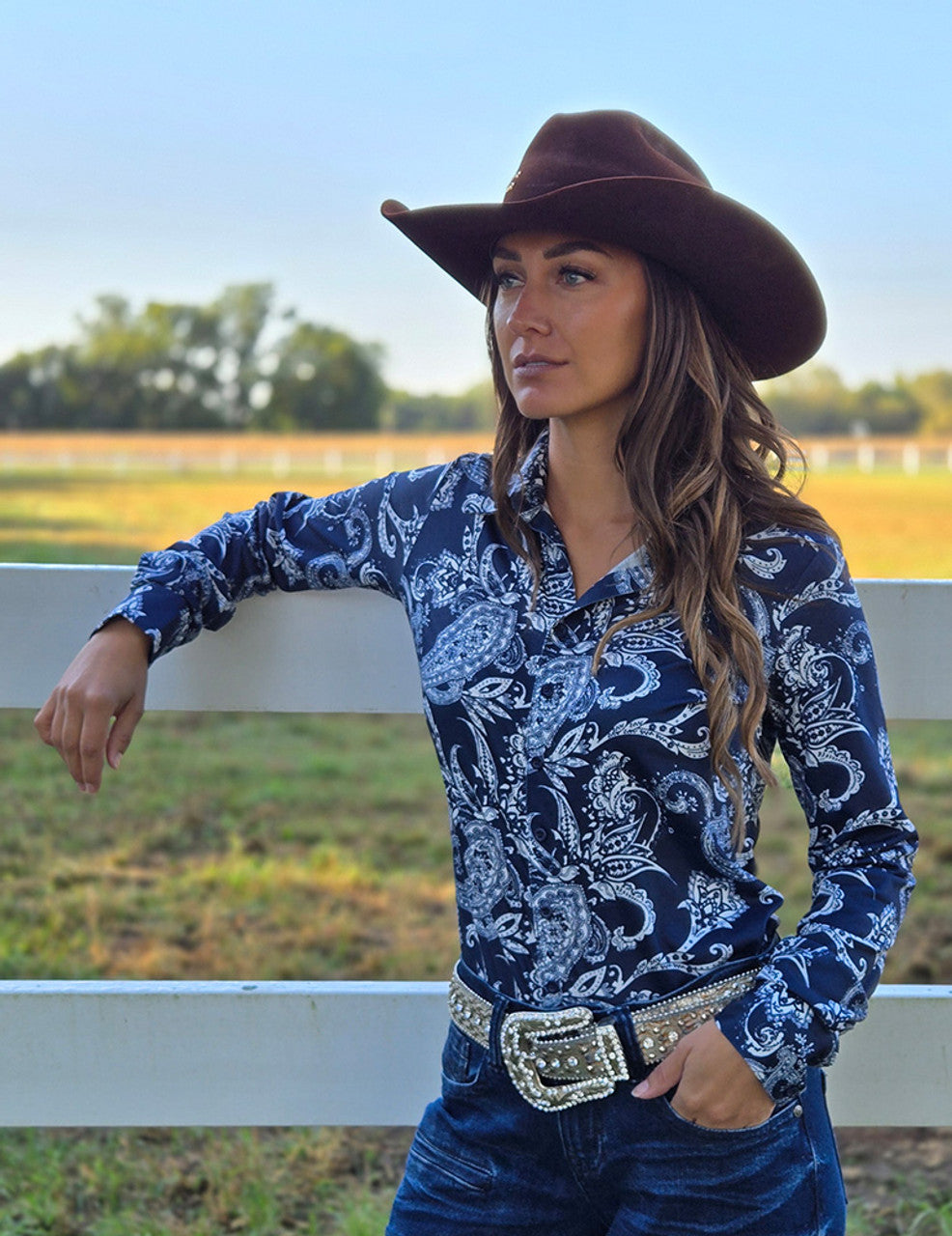 Cowgirl Tuff Pullover Button Up Sapphire and White Paisley