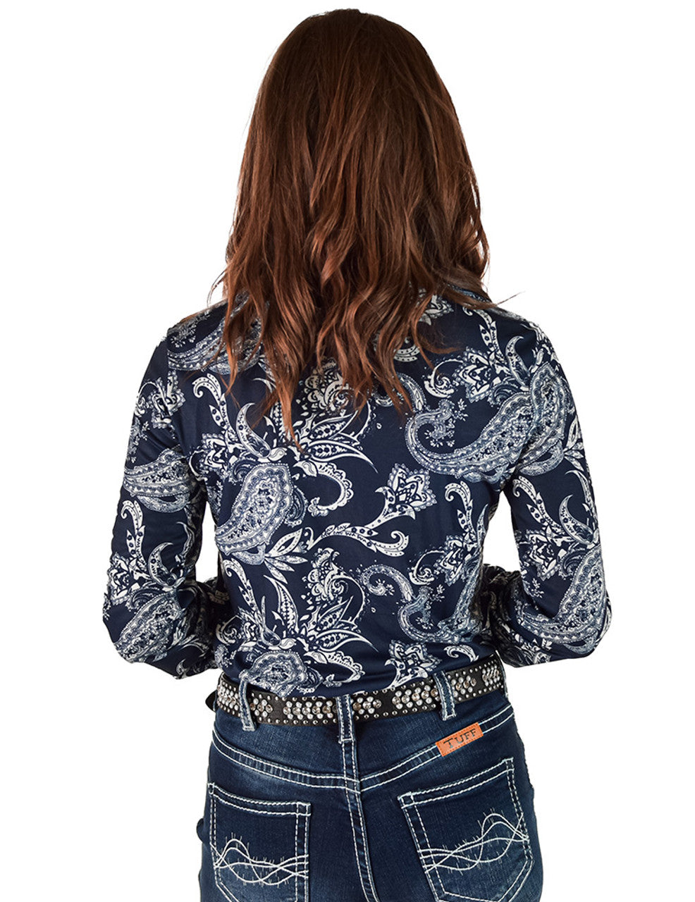 Cowgirl Tuff Pullover Button Up Sapphire and White Paisley