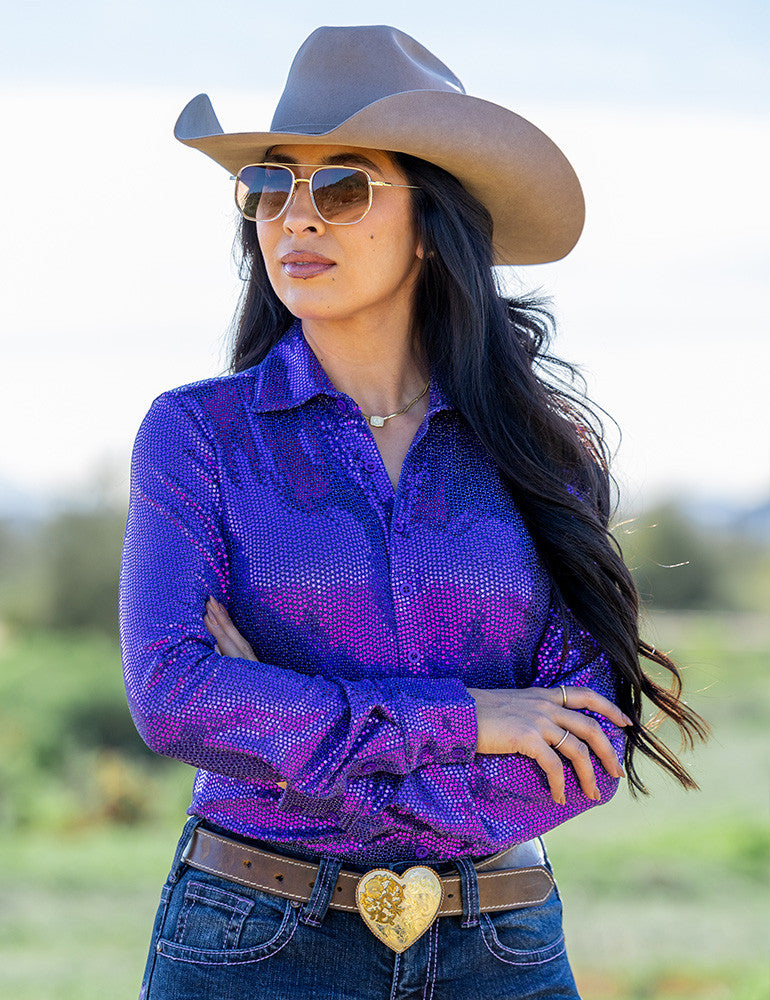 Cowgirl Tuff Purple Sequin Pullover Button Up