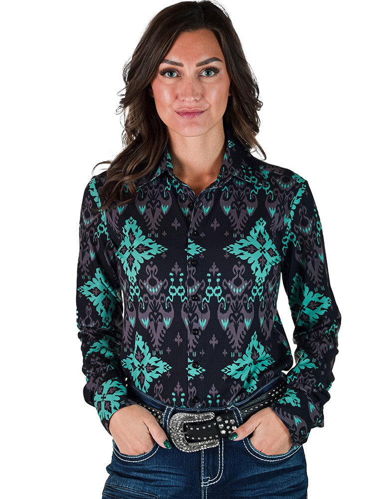 Cowgirl Tuff Turquoise and Black Patterned Pullover Button Up
