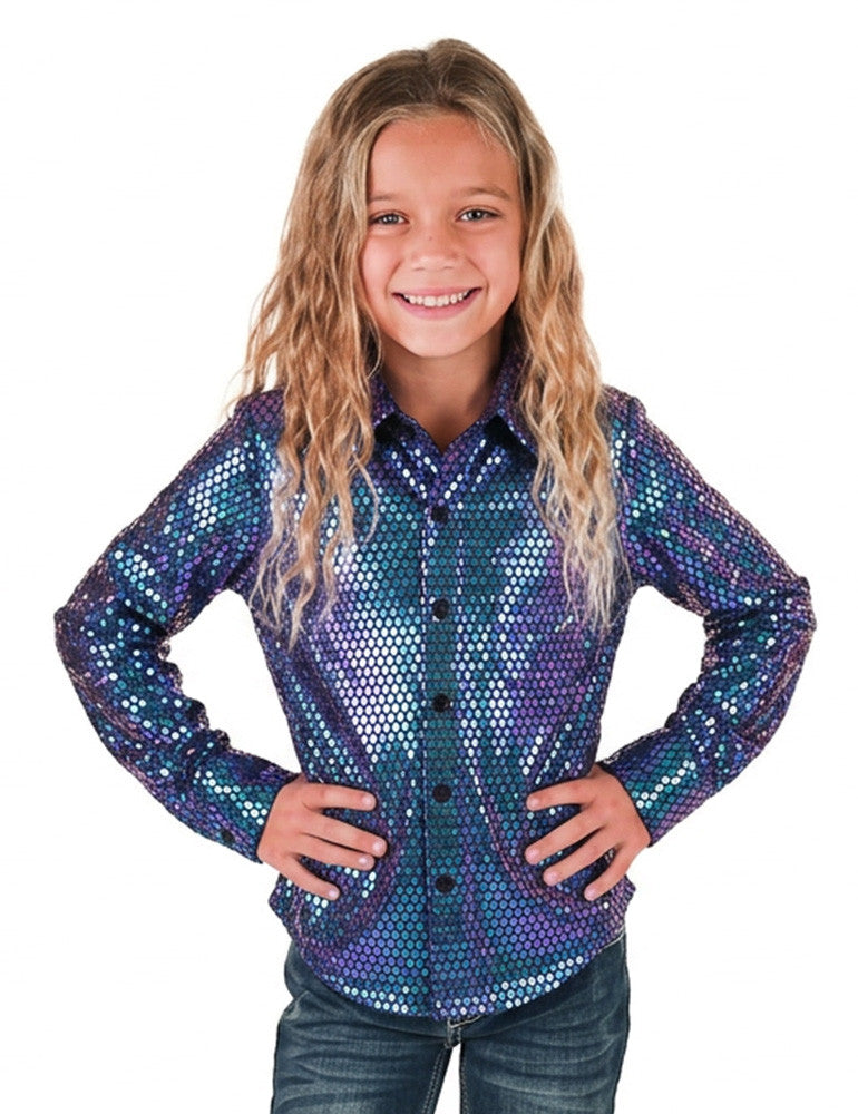 Cowgirl Tuff Girls Purple and Teal Foil Metallic Pullover Button Up Lightweight and Medium Stretch