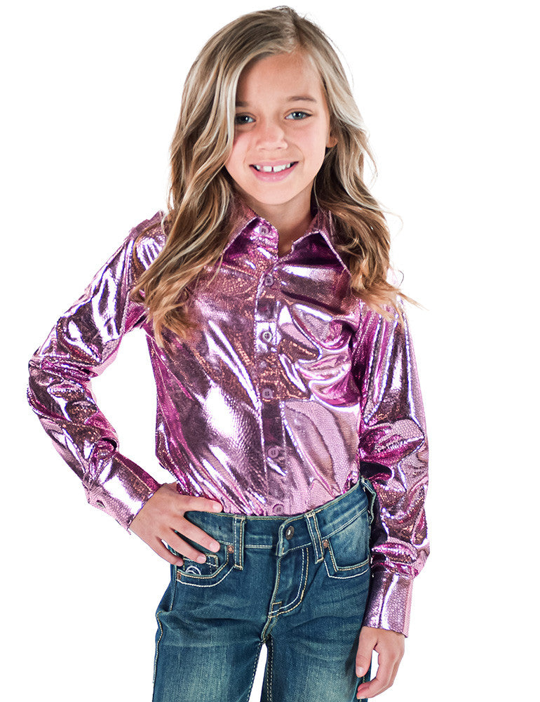 Cowgirl Tuff Girls Pink Mist Foil Pullover Button Up