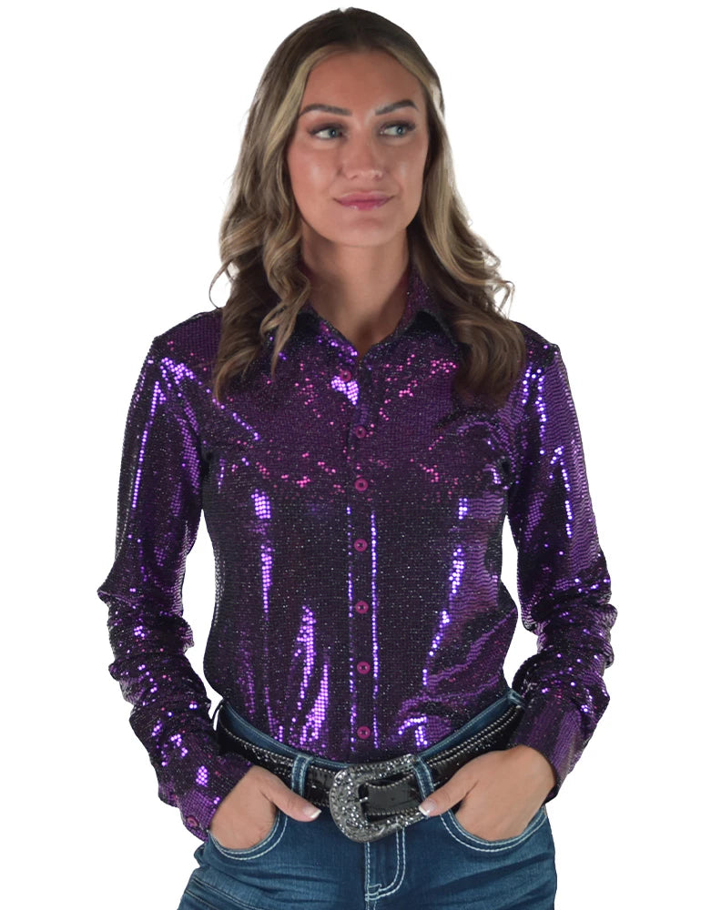 Cowgirl Tuff Bright Fushia Sequin Pullover Button Up Medium Weight and Stretch