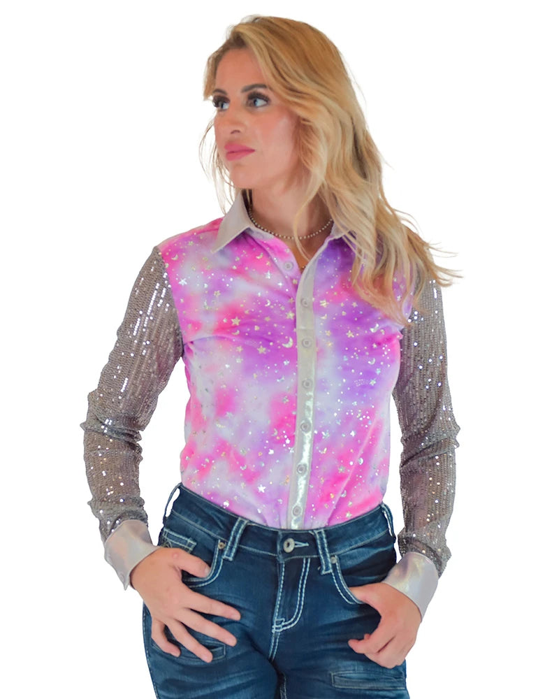 Cowgirl Tuff Pink and Purple Tie Dye Velor with Silver Stars Sparkles and Silver Sequin Sheer