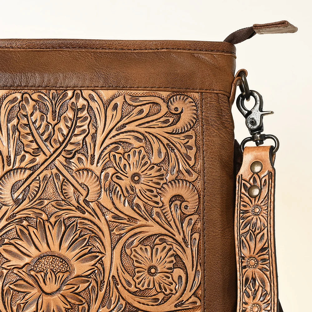 American Darling Messenger Bag - Hand Tooled Floral Leather and Hair On | Giftware - Handbag | Saddleworld Ipswich