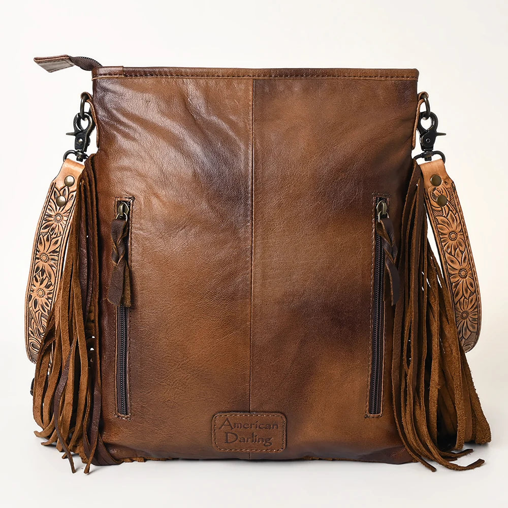 American Darling Messenger Bag - Hand Tooled Floral Leather and Hair On
