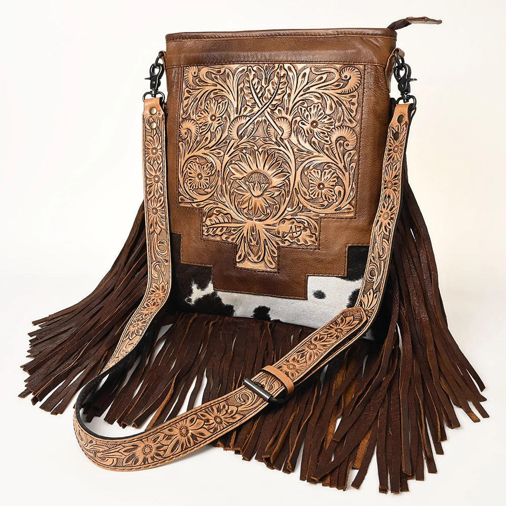 American Darling Messenger Bag - Hand Tooled Floral Leather and Hair On