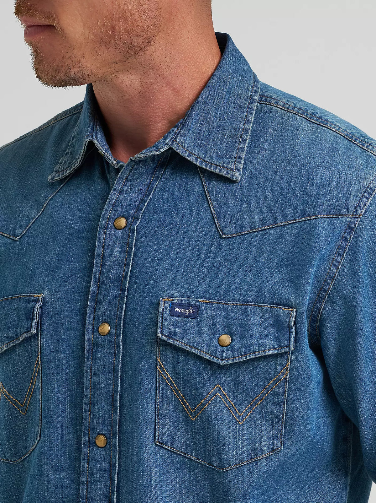 Wrangler Mns Mid Wash Denim Snap Long Sleeve Shirt