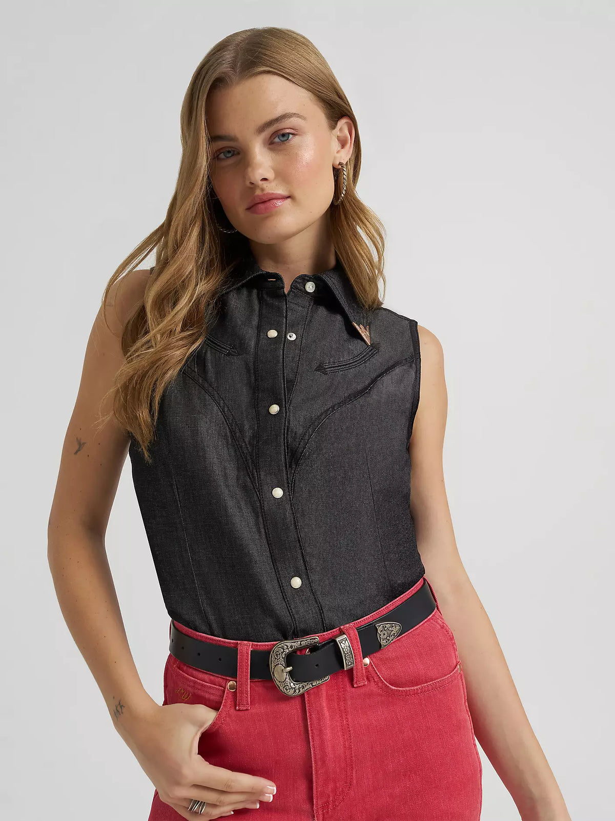 Wrangler X Lainey Wilson Black Denim Sleeveless Shirt - EOFY Sale