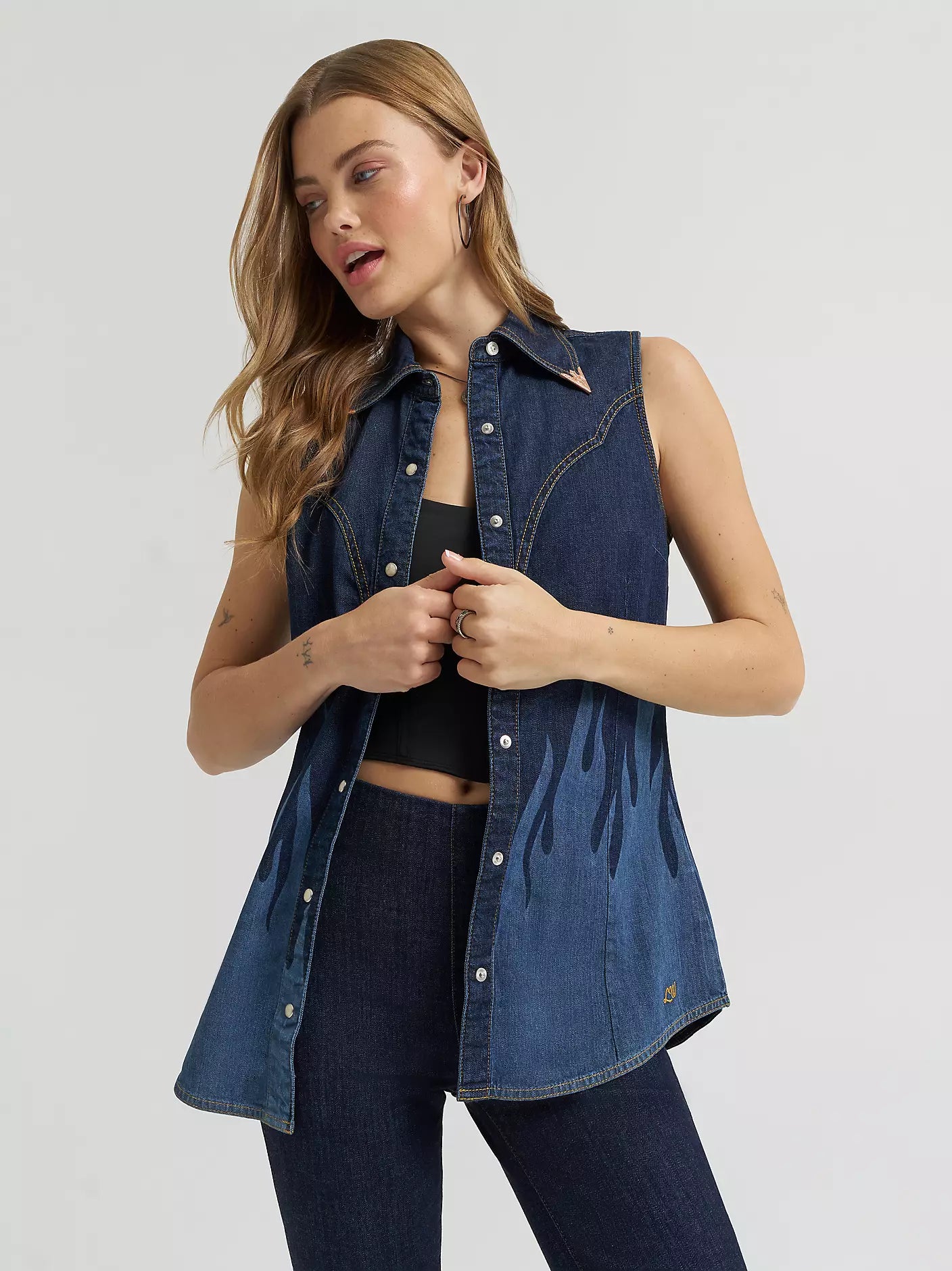 Wrangler X Lainey Wilson Flame Sleeveless Denim Shirt - EOFY Sale