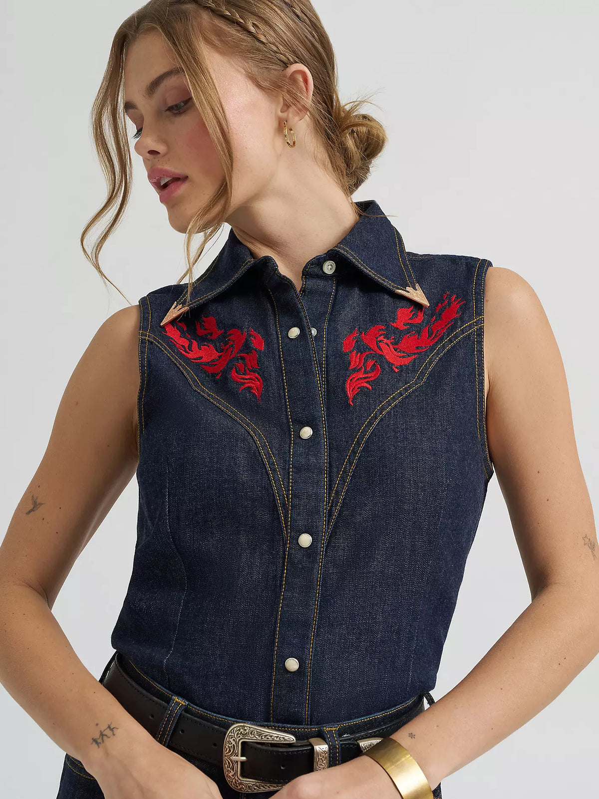 Wrangler X Lainey Wilson Wmns Embroidered Sleeveless Denim Shirt - EOFY Sale
