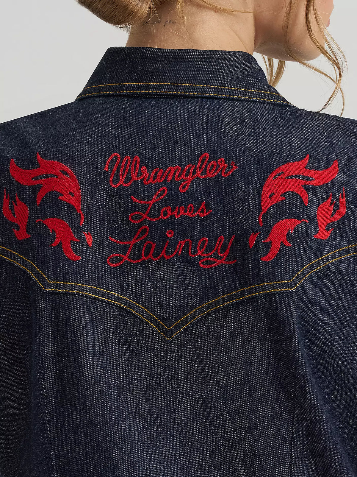 Wrangler X Lainey Wilson Wmns Embroidered Sleeveless Denim Shirt - EOFY Sale