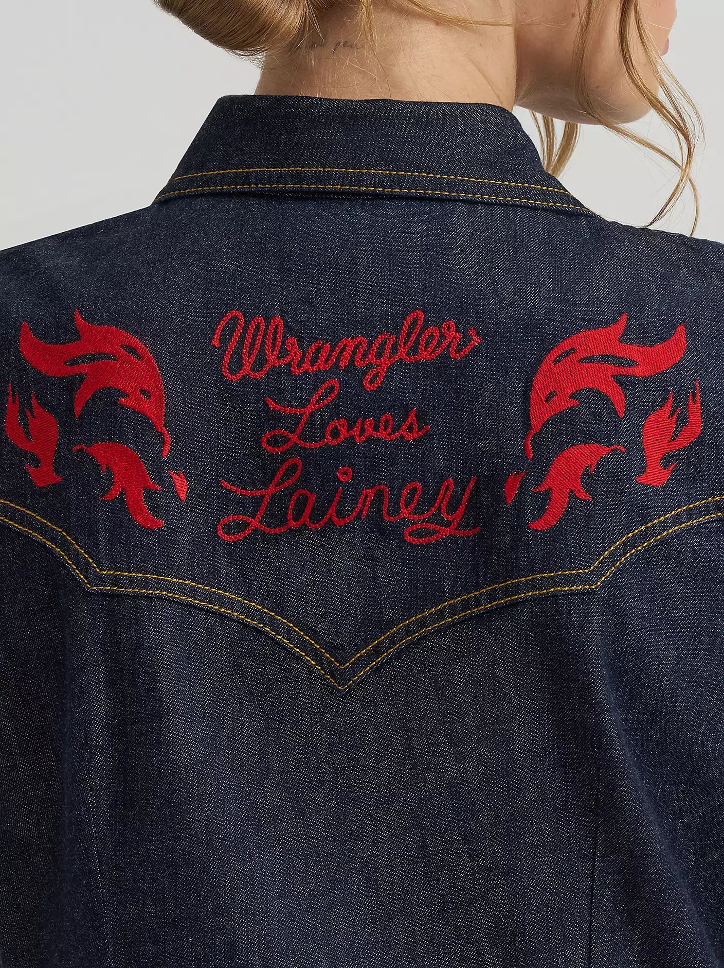 Wrangler X Lainey Wilson Wmns Embroidered Sleeveless Denim Shirt - EOFY Sale