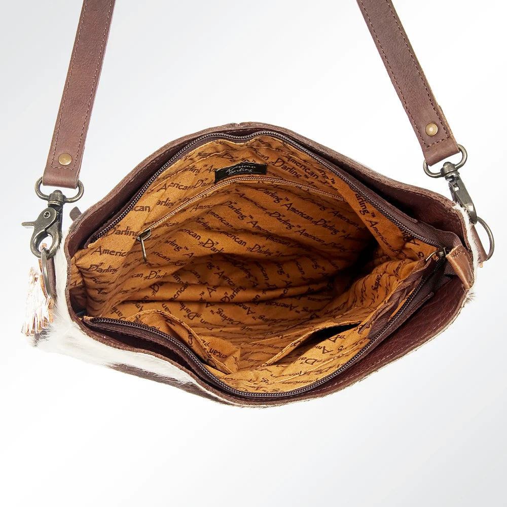American Darling Cowhide Crossbody Bag with Tooled Leather Sunflower Accents Western Hair On Hide Tote